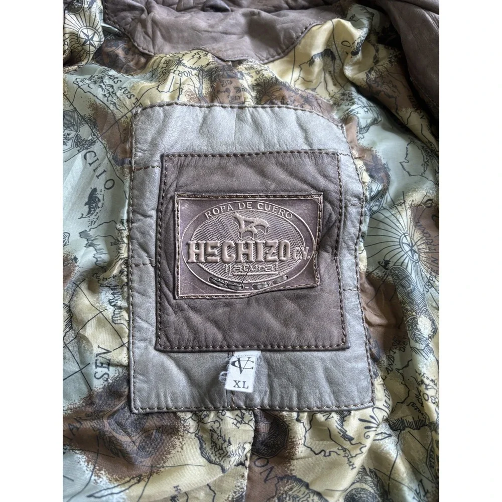 HECHIZO Men's XL Natural Leather Bomber Jacket Two-Tone Map Lining Pilot Zipper